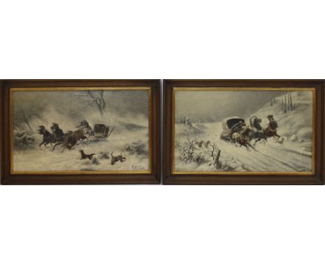 Ledow, R. (Ende 19. Jh.) Pendants: Troika in Winterlandschaft, einmal von Wölfen angegriffen. Öl/Lwd., je re. u. sign. 32x 52