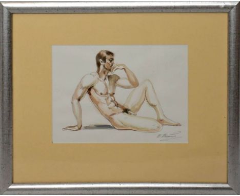 Heinemann, O. (20. Jh.) Sitzender, männlicher Akt. Aquarellierte Tuschfederzeichnung, re. u. sign. Ca. 23x 31 cm. PP., R.