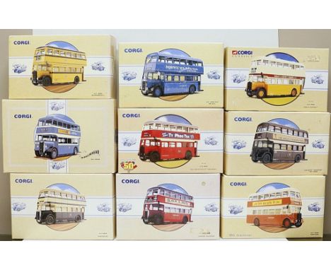 9 Modellautos "Doppeldeckerbusse", Corgi. Verschiedene Ausführungen und Art.-Nrn. Je in Originalverpackung. Unbespielt.