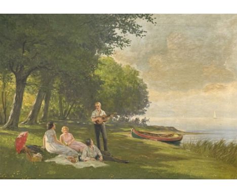 Unbekannter Maler (1. Hälfte 20. Jh.) Paare beim Picknick am Ufer. Öl/Lwd. (Altersspuren), re. u. wohl unleserlich sign., ca.