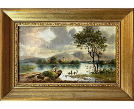 Bildplatte. Keramik. Bunt gemalte Darstellung der Fraueninsel im Chiemsee. Best. Um 1900. D. 16x 26 cm. R.