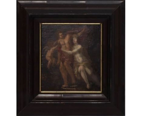 Unbekannter Maler (19. Jh.) Mythologische Darstellung. Öl/Holz (Altersspuren, Kretzer). Ca. 16x 14,5 cm. R.