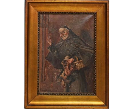 Jensen, Olaf Simony (1864 Dänemark 1923) Mönch mit Geflügel. Öl/Lwd. (besch.), li. u. sign. Ca. 37.5x 27,5 cm. R. 