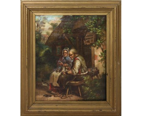 Unbekannter Maler (19. Jh.) Paar vor einem Fachwerkhaus. Öl/Lwd. (Craquelé). 55x 45 cm. R.