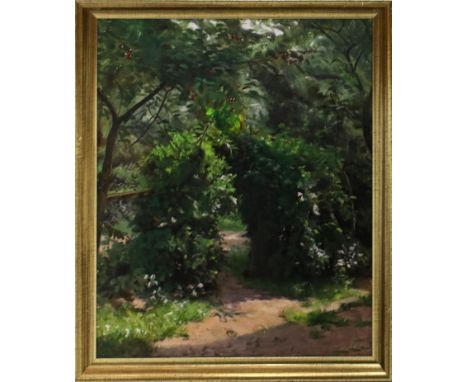 Kostka, Josef (1846 Ratibor - Berlin 1927) Waldweg. Mischtechnik/Papier, re. u. Restsign. und dat. 1906? Ca. 40x 30 cm. R.