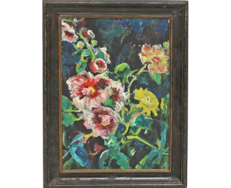 Zimmermann, Susi (geb. 1883 Riga) Blumenstillleben. Öl/Holz, verso mit Widmung, sign. und dat. 1954. 41x 28 cm. R.