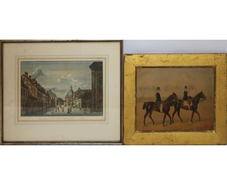 2 kolorierte Graphiken (19. Jh.) a) Schnaebeli, Heinrich (1824-1915): Reiter. Übermalte Graphik/Foto? (l. besch.), re. u. sig