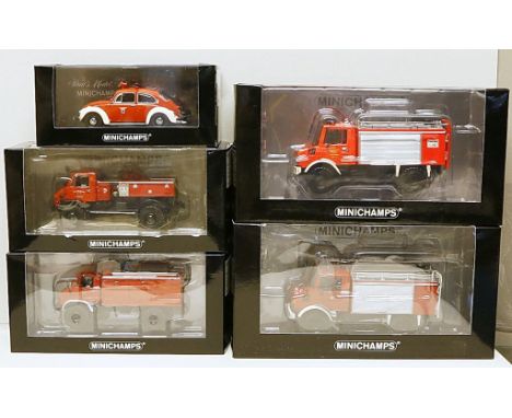 5 Modellautos, Minichamps 1:43. Verschiedene Einsatzfahrzeuge der Feuerwehr. Je in Originalverpackung. Unbespielt.