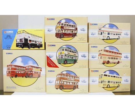 9 Modellautos "Doppeldeckerbusse", Corgi. Verschiedene Ausführungen und Art.-Nrn. Je in Originalverpackung (1x als 2er-Set). 