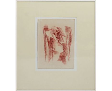 Unbekannter Maler (um 1952) Komposition mit Figur. Rötel/Papier (Altersspuren), re. unleserlich sign. und dat. 1952. Ca. 33x 