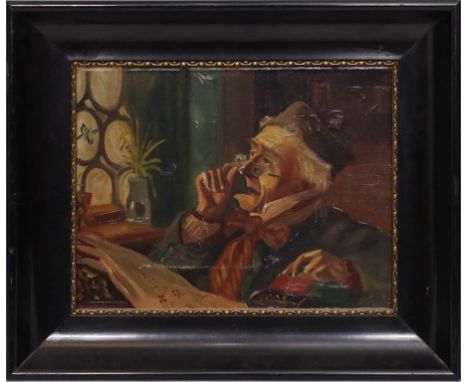 Unbekannter Maler (1. Hälfte 20. Jh.) Herr mit Brille, einen Schmetterling betrachend, in der Art von Spitzweg. Öl/Lwd. (star