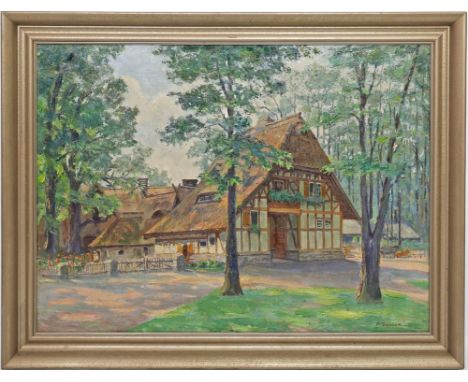 Schebek, Ferdinand (1875 Wien - Berlin 1949) Fachwerkhaus. Öl/Lwd. (rest.), re. u. sign. und dat. (19)37. Ca. 80x 110 cm. R.