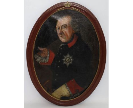 Unbekannter Maler (18. Jh.) Friedrich der Große in Uniform. Öl/Lwd. (doubliert, verkürzt). 65x 48 cm (im Oval). Rahmen mit Kr