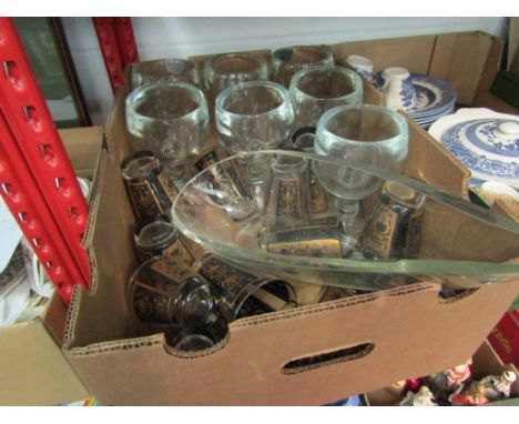 Assorted glassware including teardrop shape bowl, heavy glass goblets and gilt decorated drinking glasses 