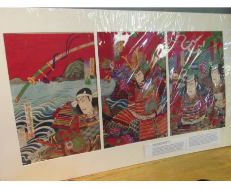 A 19th Century woodblock triptych print of Yoshisada tossing his sword into the sea after Kunisada III (1848-1920), mounted, 