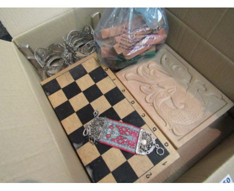 A Russian chess set, two carved Russian folk art wooden panels, Russian ribbon clip, bag of Russian building blocks in shape 