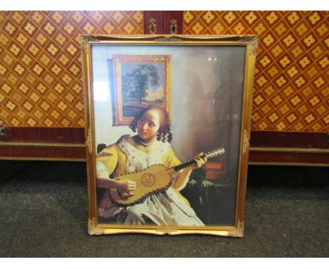 Gilt framed print lady in yellow playing guitar and two miniature silk pictures (3)