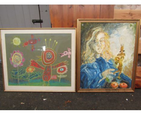 Two modern design pictures including gilt framed portrait