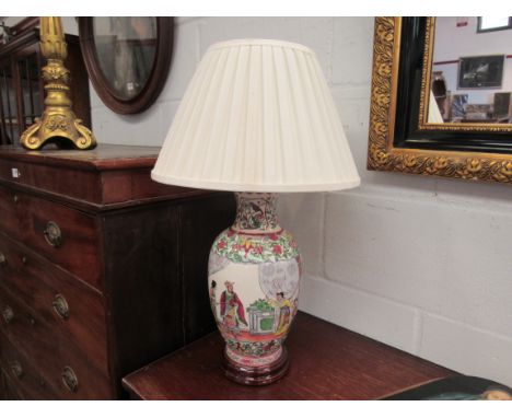 A Japanese china table lamp base with interior design, pleated shade, 59cm tall