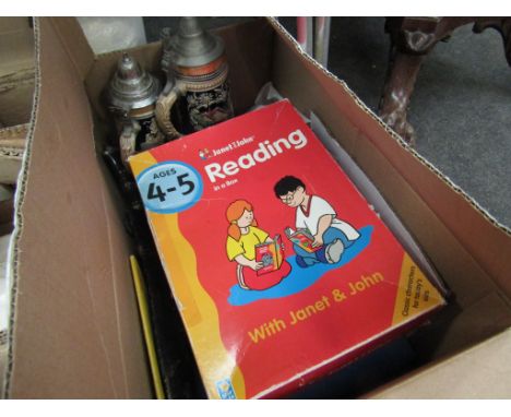 A box containing beer steins, Janet &amp; John reading books and a Royal Worcester cake plate - boxed 