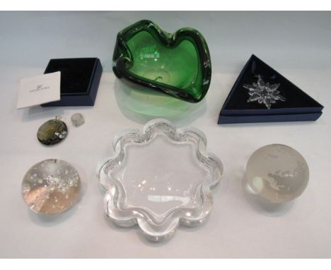 Two glass paperweights including boxed Swarovski ornaments, glass dish and bowl