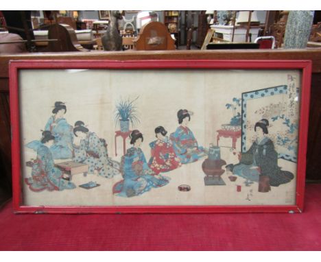 A 19th Century Japanese woodblock print of Geisha girls gathering, framed and glazed, frame a/f, 35cm x 71cm