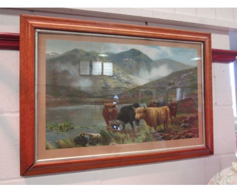 A Victorian print of Highland Cattle 'In the Heart of the Hills', maple framed and glazed, 39cm x 60cm