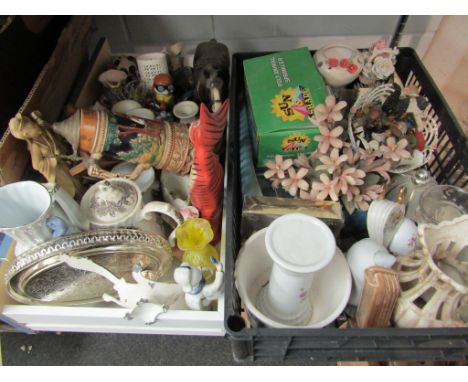Four boxes containing a quantity of assorted items including steins, set of glasses, vases, Wade money box as panda etc and t