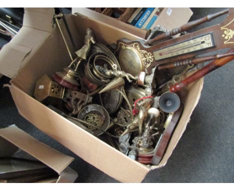 A box containing a quantity of brass and metal wares including a pair of brass musical figures, barometer, bed pan 