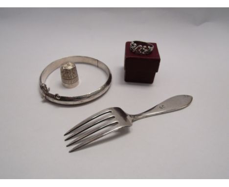 Various white metal and silver items including bangle, thimble, fork, etc (4)