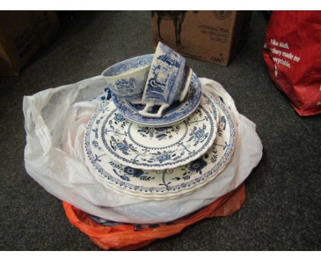 A selection of  blue and white dinner wares including Spode and Johnson Bros. and a box of modern ceramic kitchen storage jar