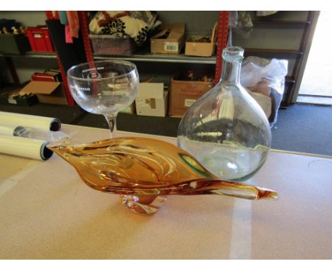 Three items of glassware including a Studio Art glass bowl in amber