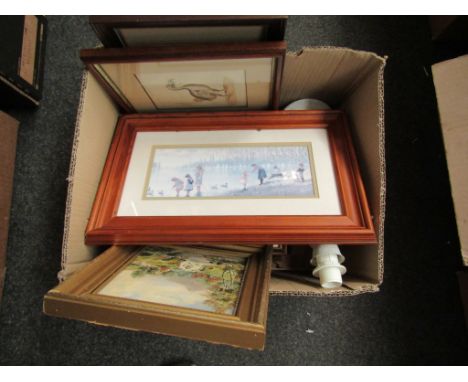 A box of small prints, lamp etc 