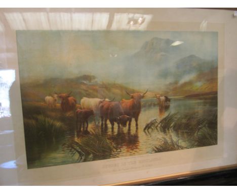 After H.R.HALL; Sunset in the Highlands, print depicting cattle at the edge of a highland loch. Framed and glazed, 59cm x 40c