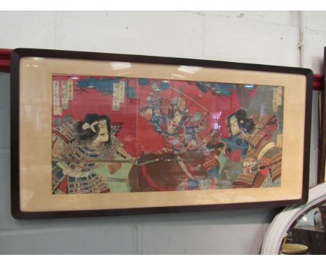 A 19th Century Japanese woodblock print of Samurai battle scene, framed and glazed, 33cm x 69cm