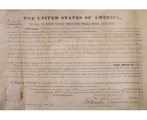 POLK, President James, K : Manuscript Pre-emption document U.S.A. Land Registry signed by President James K. Polk, 1848.
