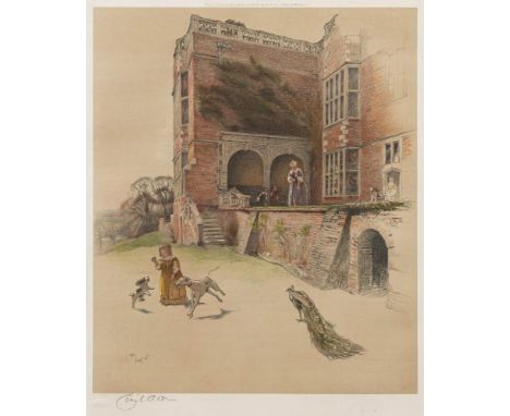 ALDIN, Cecil : [1870-1935] - A girl playing with pet dogs, and a peacock on a lawn, a grand house beyond,:- signed in pencil 