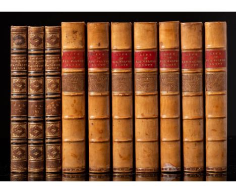 BINDINGS : Memoirs of the Life of Sir Walter Scott : 7 volume set, portrait, folding plates, half tan calf morocco labels, 8v