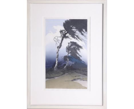 Oscar Droege (1898-1982 German), signed woodcut print 'Birch Trees in a Storm' image size 40cm x 24cm framed and glazed.