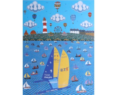 Brian Pollard print, 'Millenium Dawn', signed by Brian Pollard and Pete Goss, number 685/2000, framed and glazed, 44cm x 32cm
