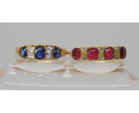 An 18ct gold red glass and diamond set ring size P1/2, weight 4.1gms, together with a yellow metal blue and clear gem set rin