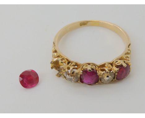 An 18ct gold faux ruby and diamond ring diamond content estimated approx 0.30cts, finger size R, weight 3.2gms Condition Repo