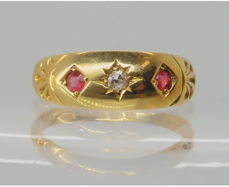 An 18ct gold diamond and red gem set ring, hallmarked Chester 1898, size O, weight 3gms Condition Report: Available upon requ