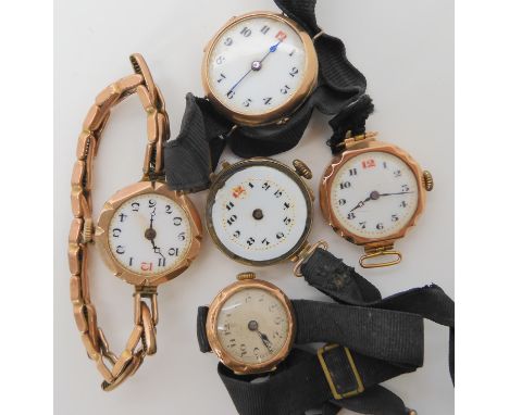 Five 9ct gold cased ladies vintage watches, with gold plated and silk straps total weight including mechanisms etc 71.3gms Co