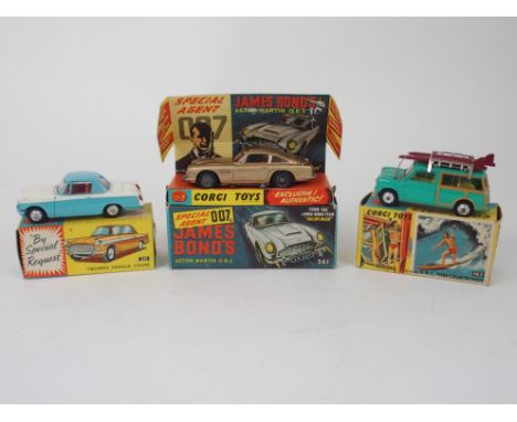 A Corgi 261 James Bond's Aston Martin D.B.5, Corgi 485 Surfing with the BMC Mini Countryman and Corgi 231 Triumph Herald Coup