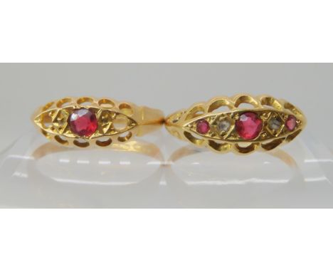 An 18ct gold red gem and rose cut diamond ring size N, together with a further red gem and diamond ring (af) size P1/2, weigh