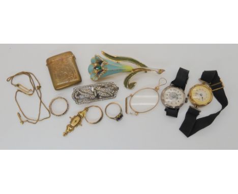 A 9ct brooch and ring both (af) weight 2.6gms, a silver cased Olina ladies watch and other items Condition Report: Not availa