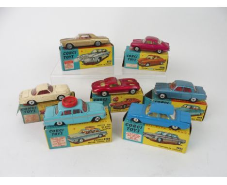 Seven various Corgi models comprising 239 Volkswagon 1500 Karmann Ghia; 310 Chevrolet Corvette Sting Ray; 252 Rover 2000; 229