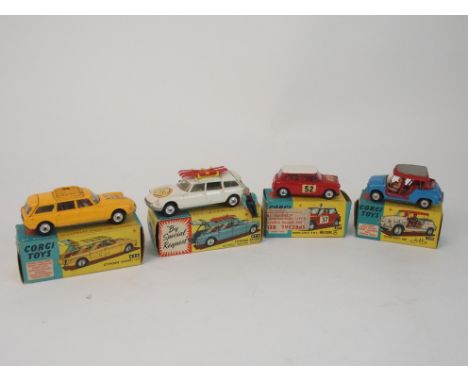 A Corgi 321 BMC Mini-Cooper "S"; Corgi 240 Ghia-Fiat 600 Jolly, Corgi 436 Citroen Safari and Corgi 475 Cirtoen Safari Olympic