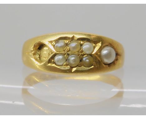 A Victorian 18ct gold pearl set ring, hallmarked Birmingham 1887, (one pearl missing) size P, weight 2.8gms Condition Report: